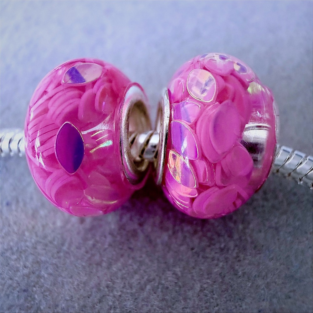 Pink Confetti Iridescent Petal Charm Beads Set of 2 fits PANDORA